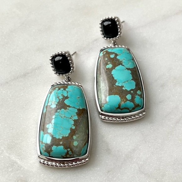 Pangea Mines Jewelry - Turquoise and Black Onyx Cabochon Sterling Silver Drop Dangle Earrings